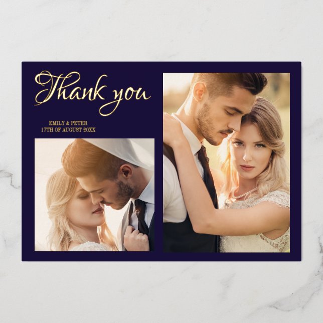 Modern navy blue wedding photo foil thank you card (Front)