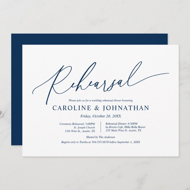 Modern Navy Blue, Wedding Rehearsal and Dinner Invitation (Front/Back)