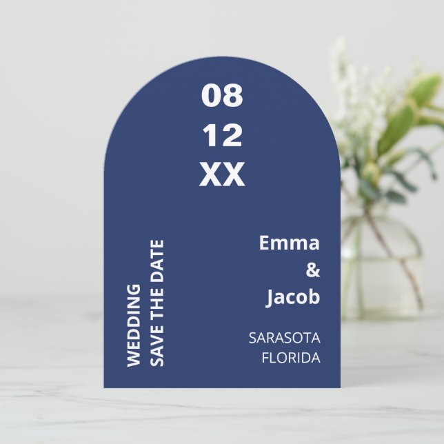 Modern Navy Blue Wedding Save the Date (Standing Front)