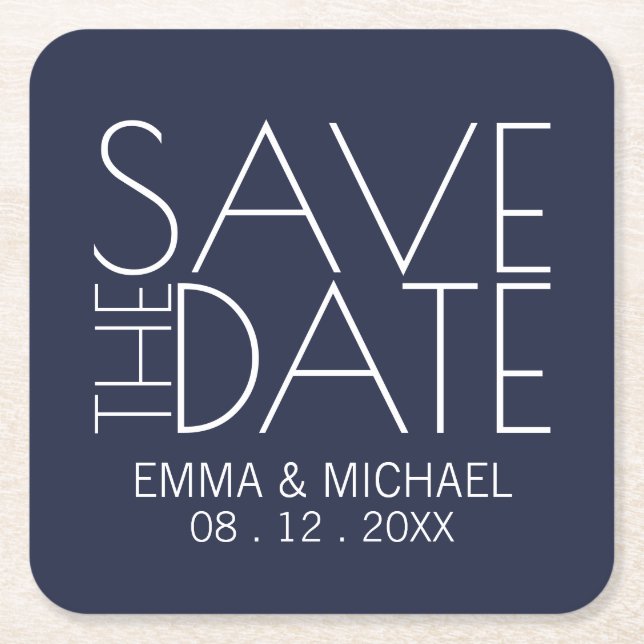Modern Navy Blue Wedding Save the Date Square Paper Coaster (Front)