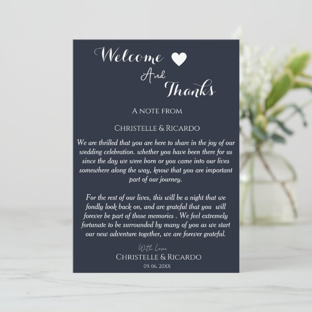 Modern navy blue  welcome and thank you wedding  card (Standing Front)