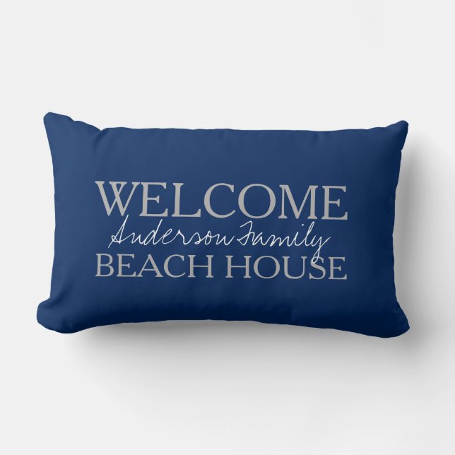 Modern navy blue Welcome beach house family name Lumbar Cushion (Front)