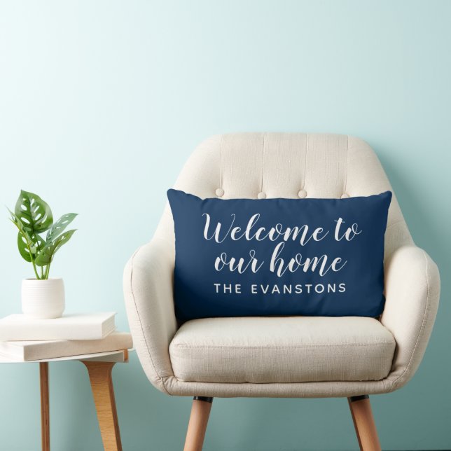 Modern Navy Blue Welcome Home Custom Last Name Lumbar Cushion (Chair)