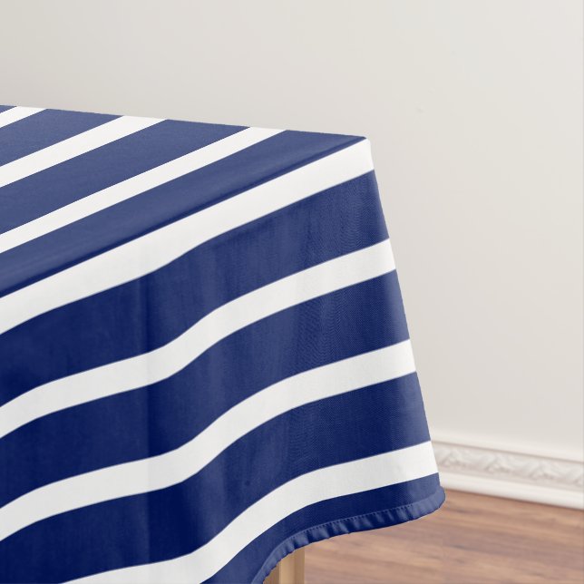 Modern navy blue & white bold stripes pattern tablecloth (In Situ)