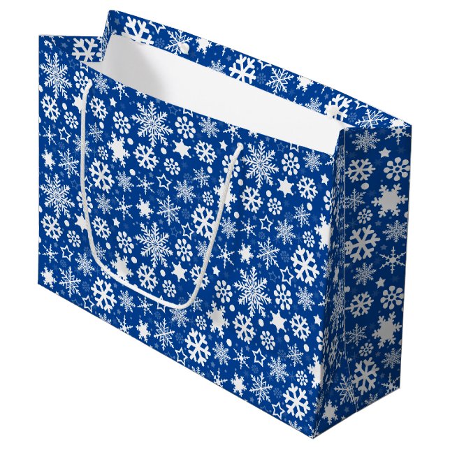 Modern Navy blue White Christmas Snowflakes  Large Gift Bag (Front Angled)