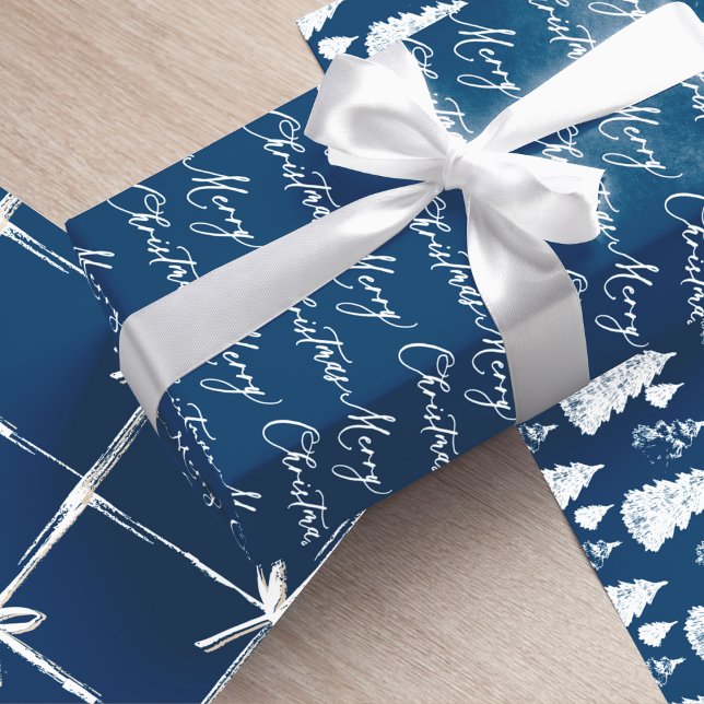 Modern Navy Blue & White Christmas Tree & Ribbon Wrapping Paper Sheet (Creator Uploaded)