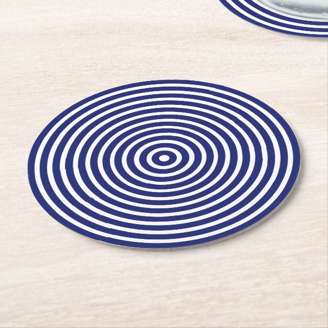 Modern navy blue white circular stripes pattern  round paper coaster (Angled)