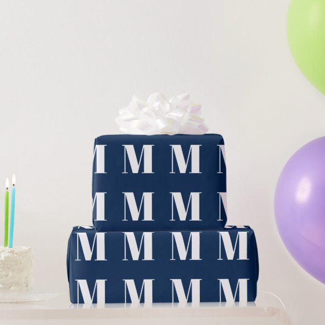 Modern navy blue white custom initial monogram wrapping paper (Party Gifts)