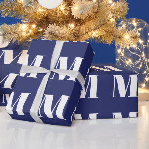 Modern navy blue & white custom initial monogram  wrapping paper