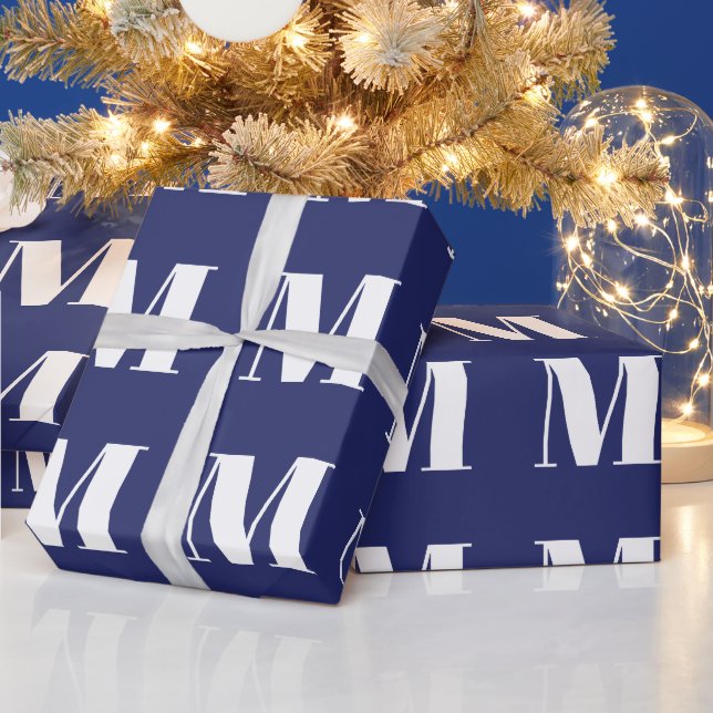 Modern navy blue & white custom initial monogram  wrapping paper (Holidays)