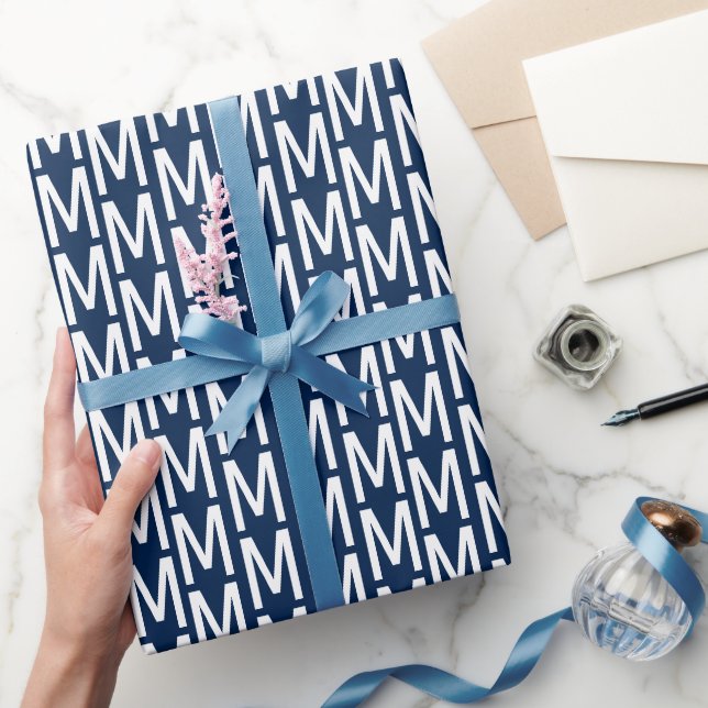 Modern navy blue white custom monogram birthday wrapping paper (Gifting)