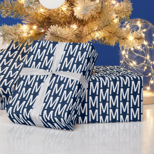 Modern navy blue white custom monogram initial wrapping paper
