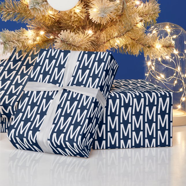 Modern navy blue white custom monogram initial wrapping paper (Holidays)