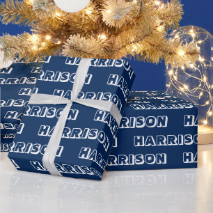 Modern navy blue white custom name text birthday wrapping paper