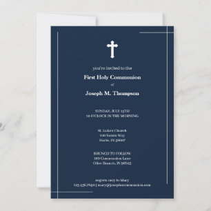 Modern Navy Blue & White First Holy Communion Thank You Card