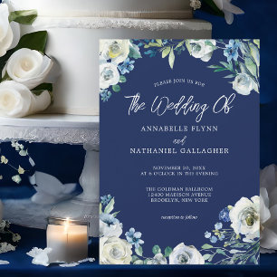 Modern Navy Blue White Floral Winter Wedding Invitation