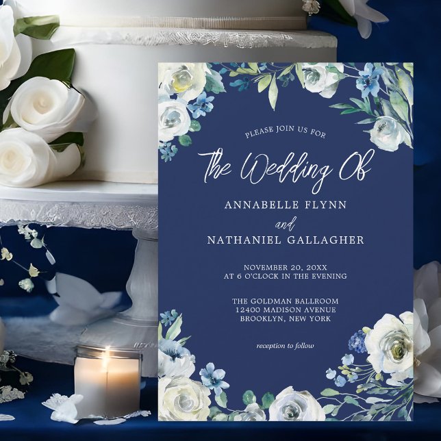 Modern Navy Blue White Floral Winter Wedding Invitation (Creator Uploaded)