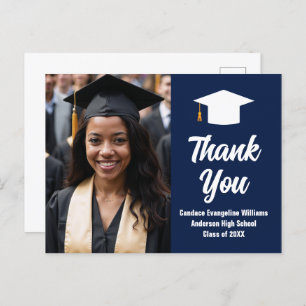 Modern Navy Blue White Graduation Photo Thank You Postcard