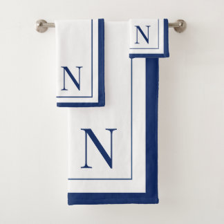 Modern navy blue white monogram initial bath towel set
