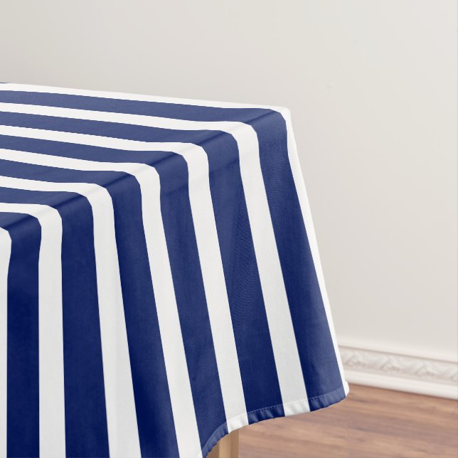 Modern navy blue & white nautical stripes pattern tablecloth (In Situ)
