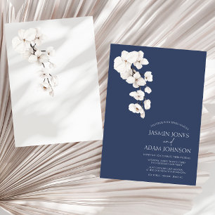 Modern Navy Blue White Orchid Floral Wedding Invitation