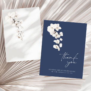 Modern Navy Blue White Orchid Wedding Thank You Card