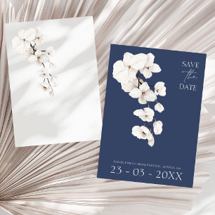 Modern Navy Blue White Orchids Flowers Wedding Save The Date