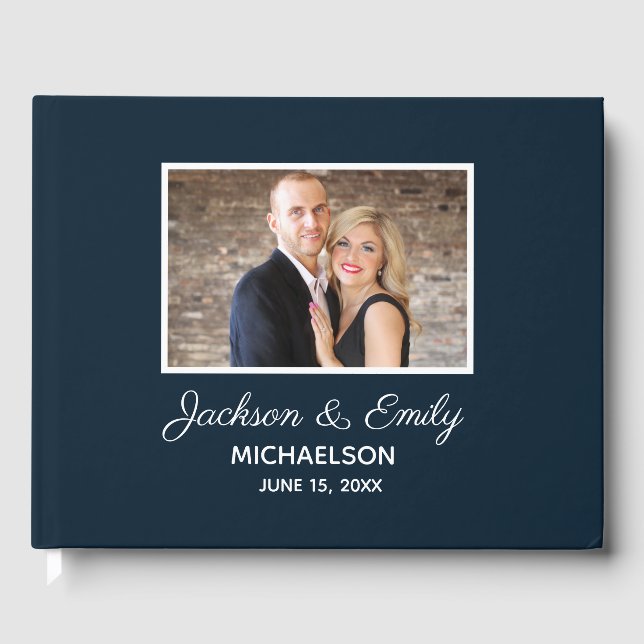 Modern Navy Blue White Photo Front Wedding Guest Book (Front)