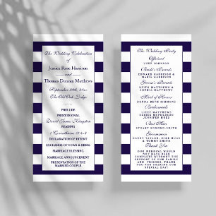 Modern Navy Blue & White Stripe Wedding Program Rack Card