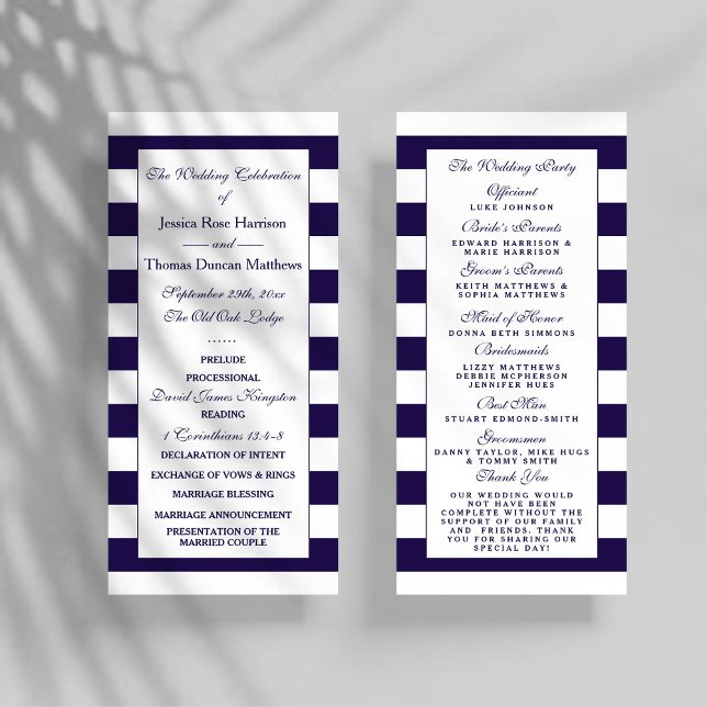 Modern Navy Blue & White Stripe Wedding Program Rack Card (Creator Uploaded)
