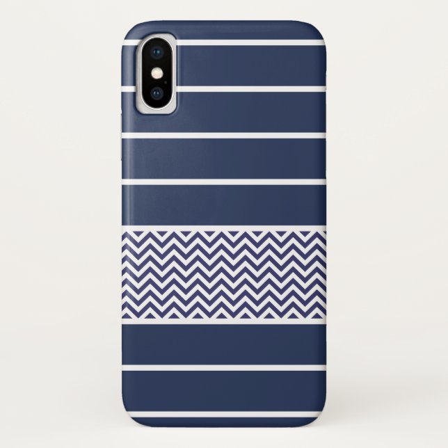 Modern Navy Blue White Stripes Chevron Pattern Case-Mate iPhone Case (Back)