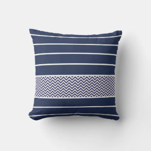 Modern  Navy Blue White Stripes Chevron Pattern Cushion