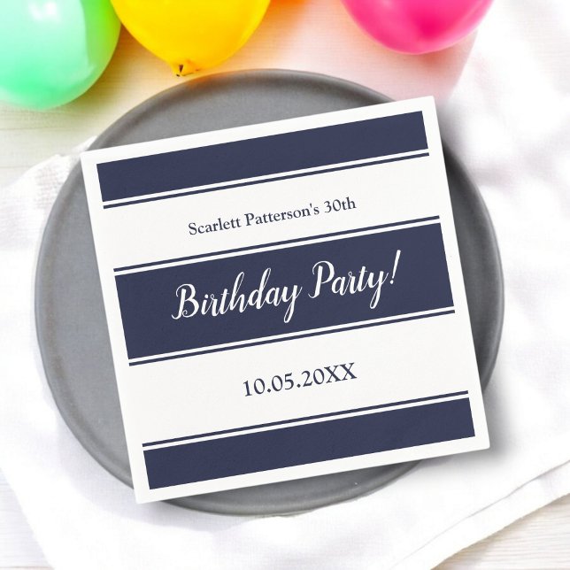 Modern Navy Blue White Stripes Elegant Birthday Napkin (Creator Uploaded)