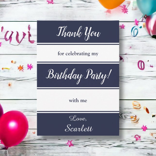 Modern Navy Blue White Stripes Elegant Birthday Thank You Card (Creator Uploaded)