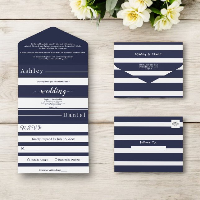 Modern Navy Blue White Stripes Elegant Wedding All In One Invitation (Creator Uploaded)