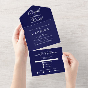 Modern navy blue, white typography wedding  all in one invitation