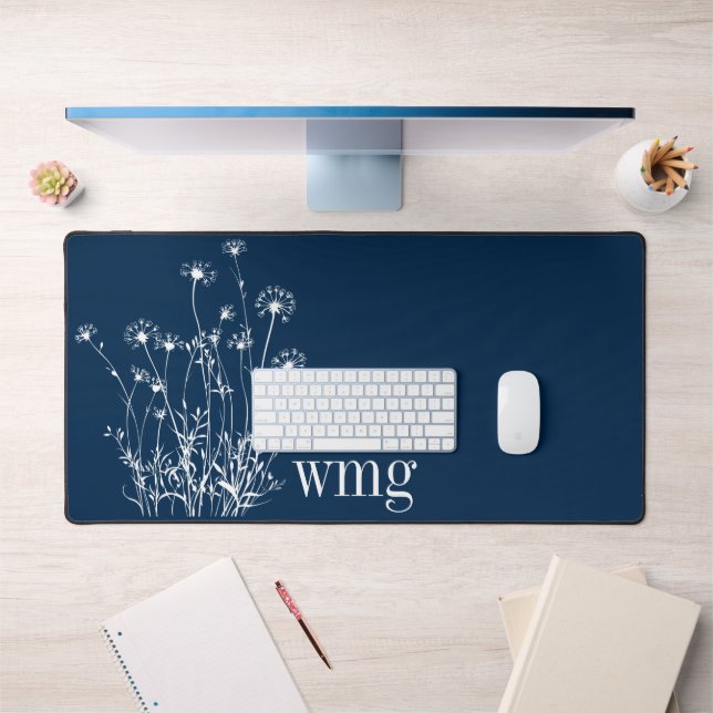 Modern Navy Blue & White Wildflowers Monogram Desk Mat (Office 1)