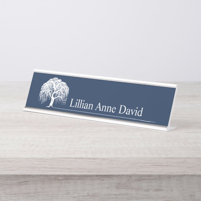 Modern Navy Blue Willow Tree Logo Personalized Desk Name Plate (Front)