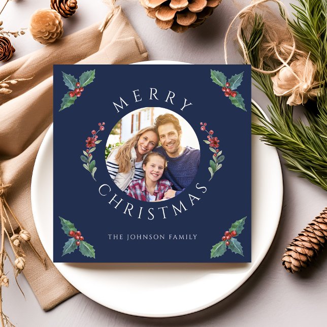Modern Navy Blue Winter Botanicals Christmas Photo Holiday Card (Modern Navy Blue Winter Botanicals Christmas Photo Holiday Card)