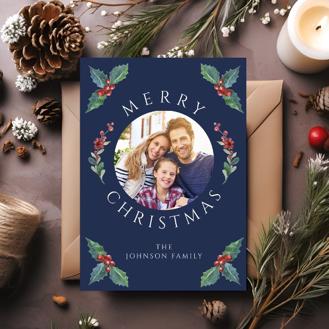 Modern Navy Blue Winter Greenery Christmas Photo  Holiday Card (Modern Navy Blue Winter Greenery Christmas Photo Holiday Card)