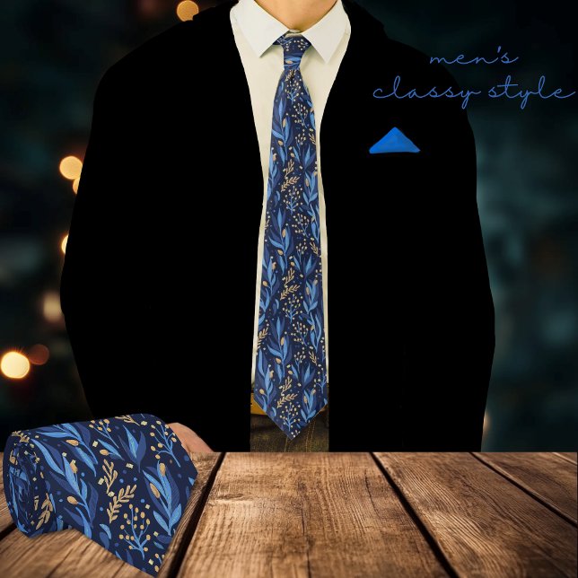 Modern Navy Blue Yellow Floral Pattern Tie (Modern Navy Blue Yellow Floral Pattern Neck Tie)