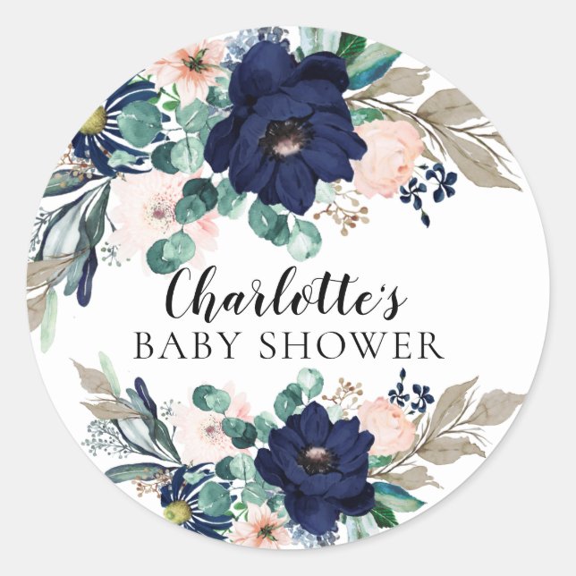 Modern Navy Blush Floral Baby Shower Envelope Seal (Front)
