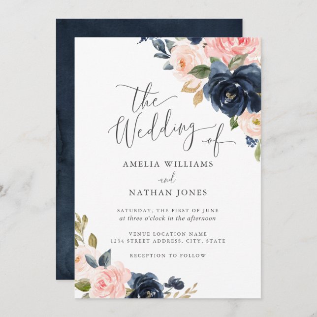 Modern Navy Blush Floral Wedding Invitation (Front/Back)