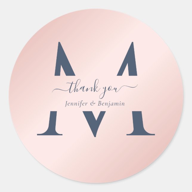 Modern Navy Blush Monogram Wedding Favour Thank Yo Classic Round Sticker (Front)