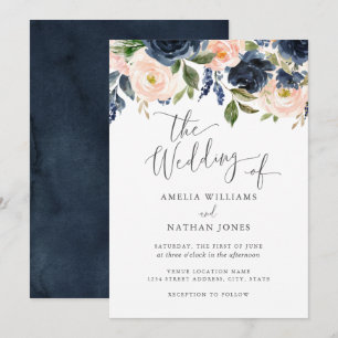 Modern Navy Blush Watercolor Floral Wedding Invitation