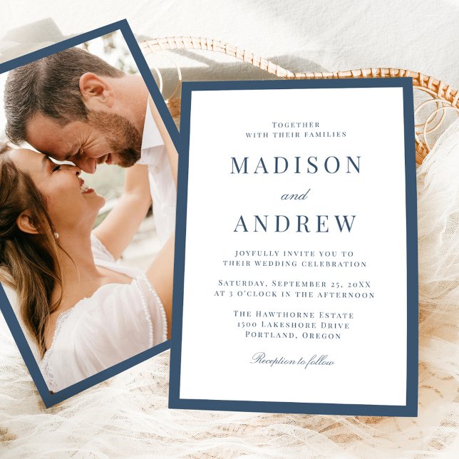 Modern Navy Border Photo Wedding Invitation (Creator Uploaded)