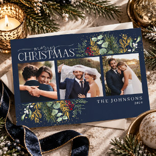 Modern Navy Botanical Greenery 3 Photo Wedding Holiday Card