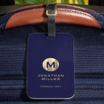 Modern Navy Brushed Gold Monogram Luggage Tag<br><div class="desc">A modern luxury vertical design in classic style with a navy blue and brushed metallic gold monogram emblem with large typographic initial monogram on a rich navy blue background. The text can easily be customised using the fields provided.</div>