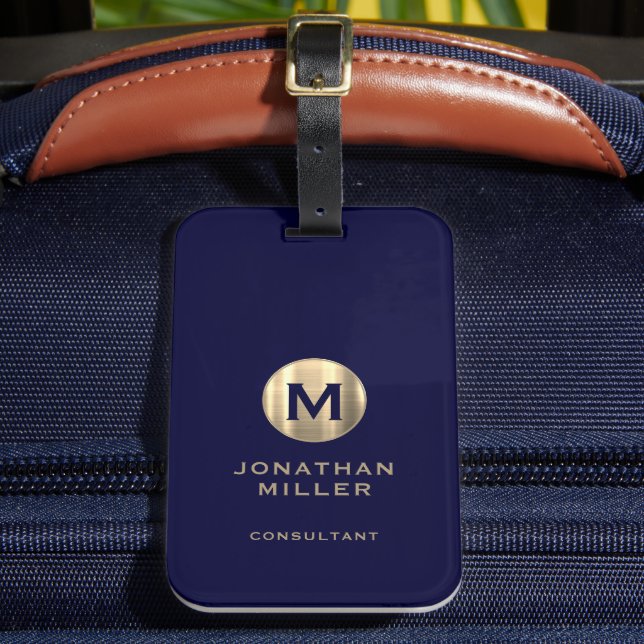 Modern Navy Brushed Gold Monogram Luggage Tag (Front Insitu 2)