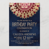 Modern Navy Burgundy Gold Floral Mandala Birthday